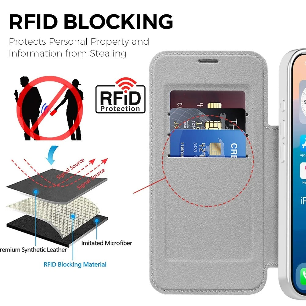 Luxury iPhone Magnetic Flip Case — PU Leather Plating Clear Cover with Card Holder, MagSafe Stand Support, Shockproof Anti-Fingerprint Full Coverage Design