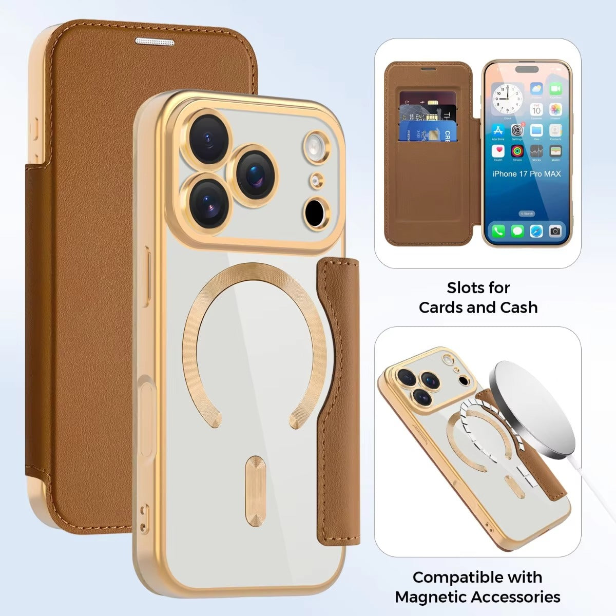 Luxury iPhone Magnetic Flip Case — PU Leather Plating Clear Cover with Card Holder, MagSafe Stand Support, Shockproof Anti-Fingerprint Full Coverage Design