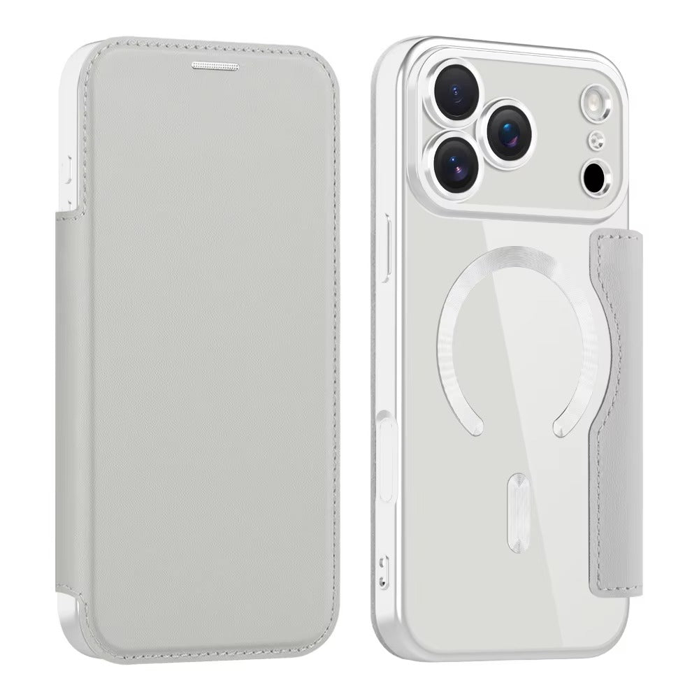 Luxury iPhone Magnetic Flip Case — PU Leather Plating Clear Cover with Card Holder, MagSafe Stand Support, Shockproof Anti-Fingerprint Full Coverage Design
