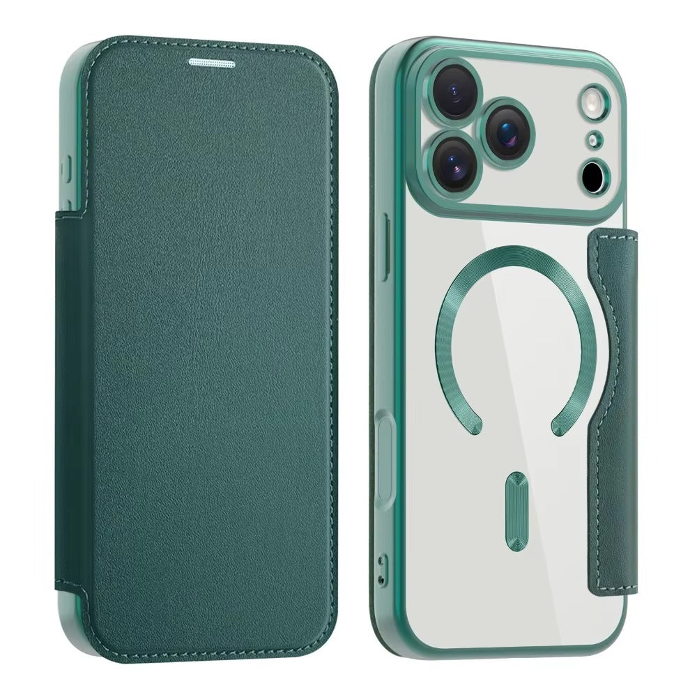 Luxury iPhone Magnetic Flip Case — PU Leather Plating Clear Cover with Card Holder, MagSafe Stand Support, Shockproof Anti-Fingerprint Full Coverage Design