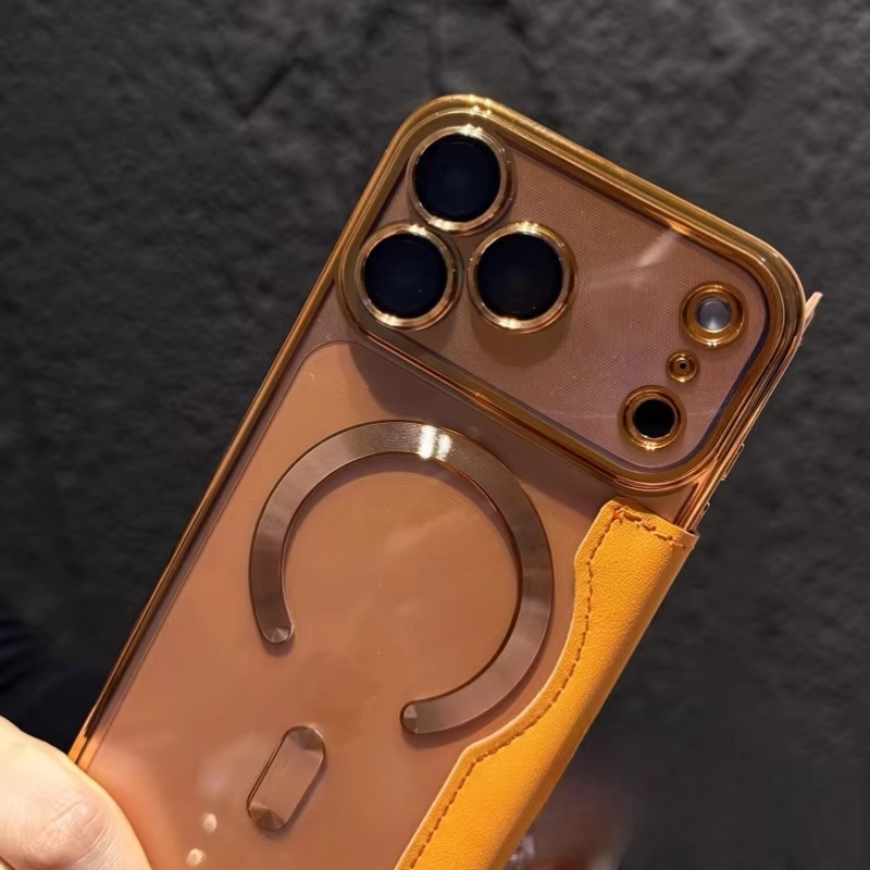 Luxury iPhone Magnetic Flip Case — PU Leather Plating Clear Cover with Card Holder, MagSafe Stand Support, Shockproof Anti-Fingerprint Full Coverage Design