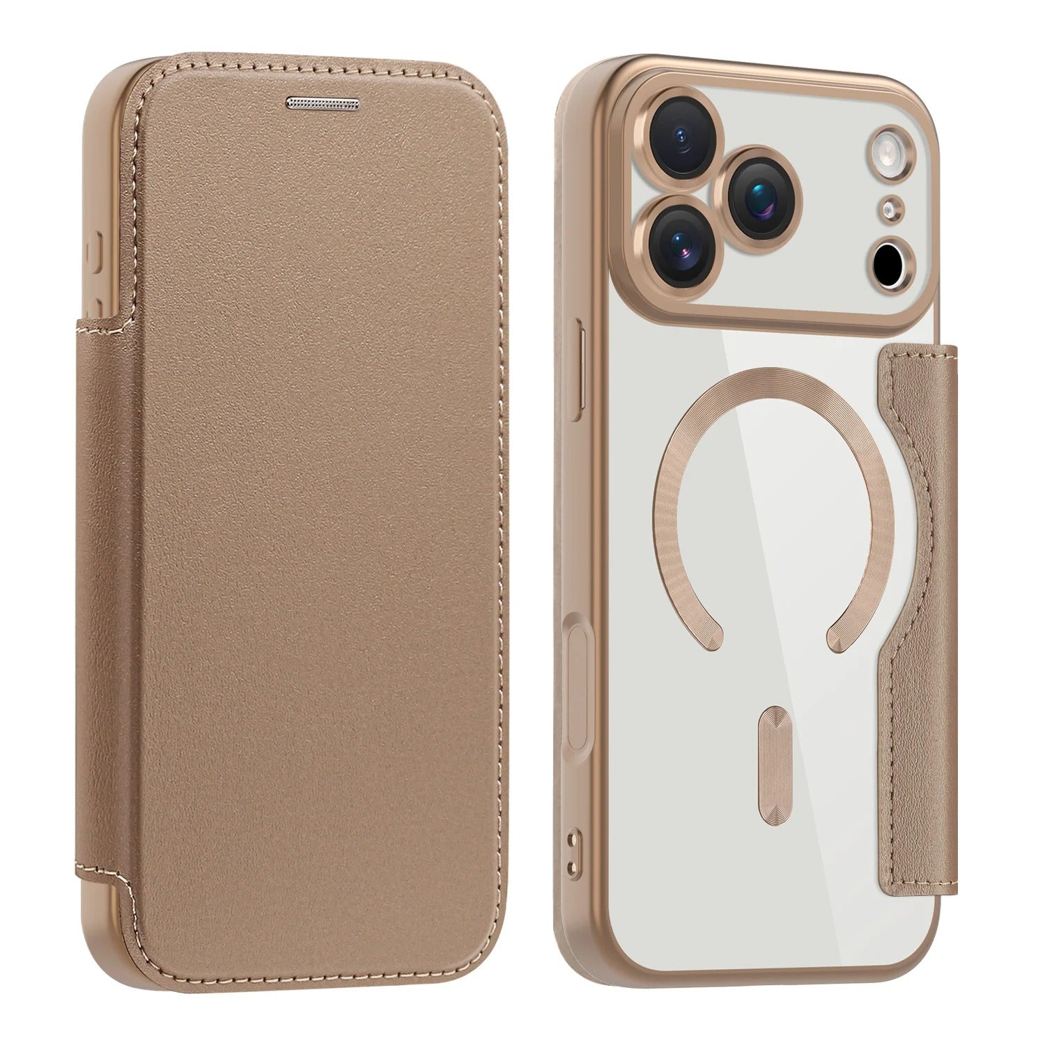Luxury iPhone Magnetic Flip Case — PU Leather Plating Clear Cover with Card Holder, MagSafe Stand Support, Shockproof Anti-Fingerprint Full Coverage Design