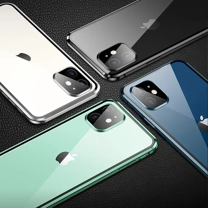 Luxury iPhone Magnetic Metal Case with Double-Sided Glass — 360° Full Body Protection, Shockproof Transparent Cover, Slim Scratch-Resistant Durable Design
