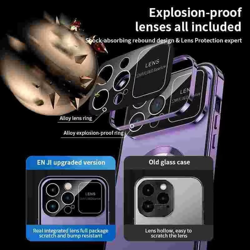 Luxury iPhone Magnetic Metal Case with Large Window Lens Protection — Aluminum Frame, Tempered Glass Screen Protector, Shockproof Slim Scratch-Resistant Cover
