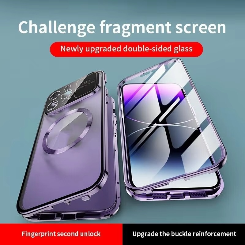 Luxury iPhone Magnetic Metal Case with Large Window Lens Protection — Aluminum Frame, Tempered Glass Screen Protector, Shockproof Slim Scratch-Resistant Cover