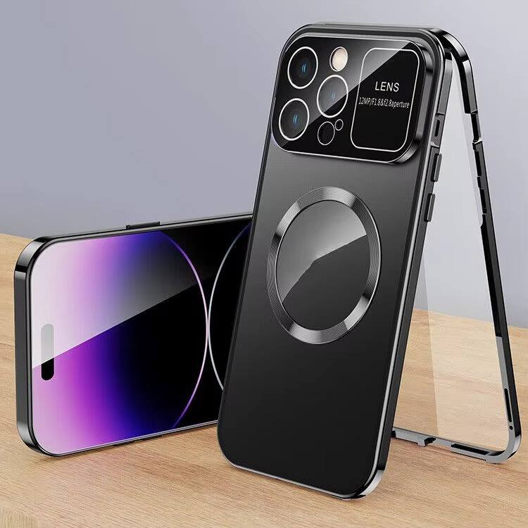 Luxury iPhone Magnetic Metal Case with Large Window Lens Protection — Aluminum Frame, Tempered Glass Screen Protector, Shockproof Slim Scratch-Resistant Cover
