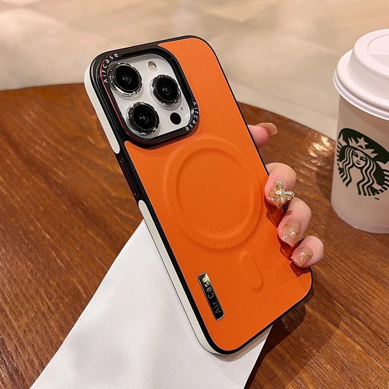 Luxury iPhone Matte Leather MagSafe Case — Magnetic Wireless Charging, Shockproof Bumper Full Coverage, Anti-Fingerprint Scratch-Resistant Design