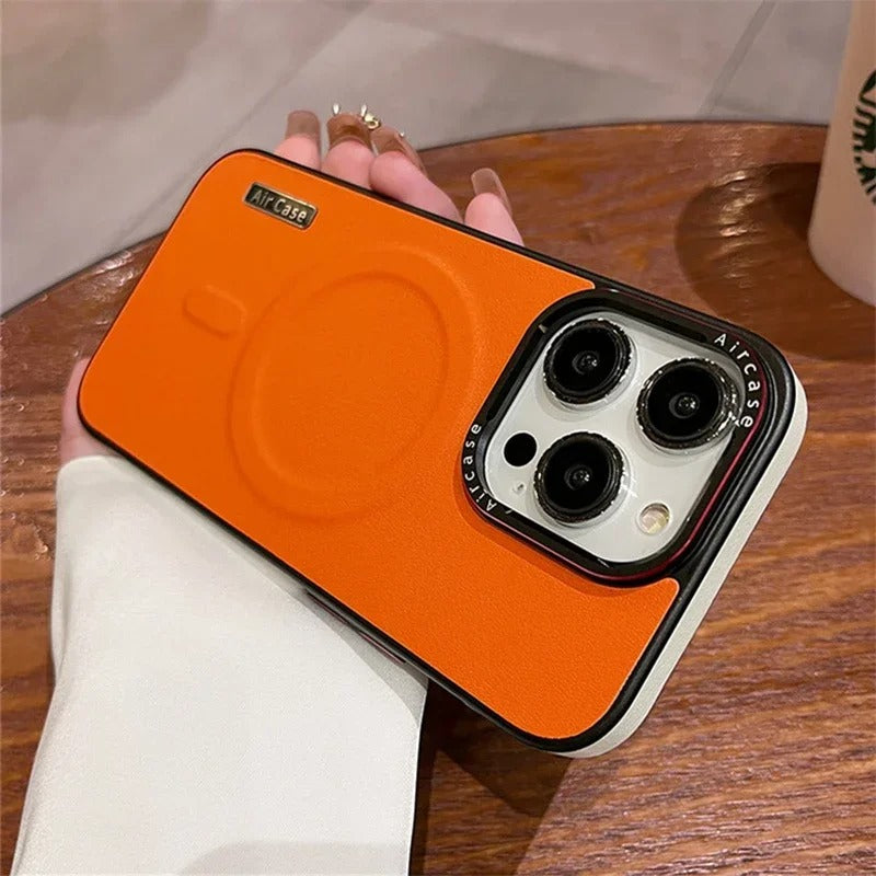 Luxury iPhone Matte Leather MagSafe Case — Magnetic Wireless Charging, Shockproof Bumper Full Coverage, Anti-Fingerprint Scratch-Resistant Design