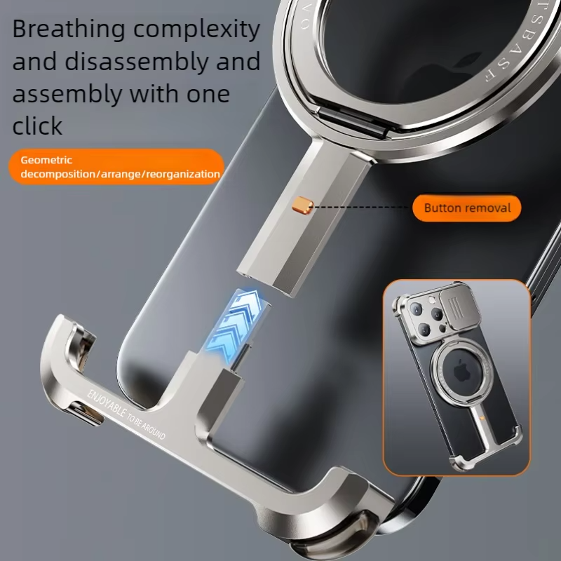 Luxury iPhone Metal Frameless Magnetic Case — Aluminum Alloy Cover with Ring Stand, Shockproof Camera Protection, Heavy Duty Matte Finish