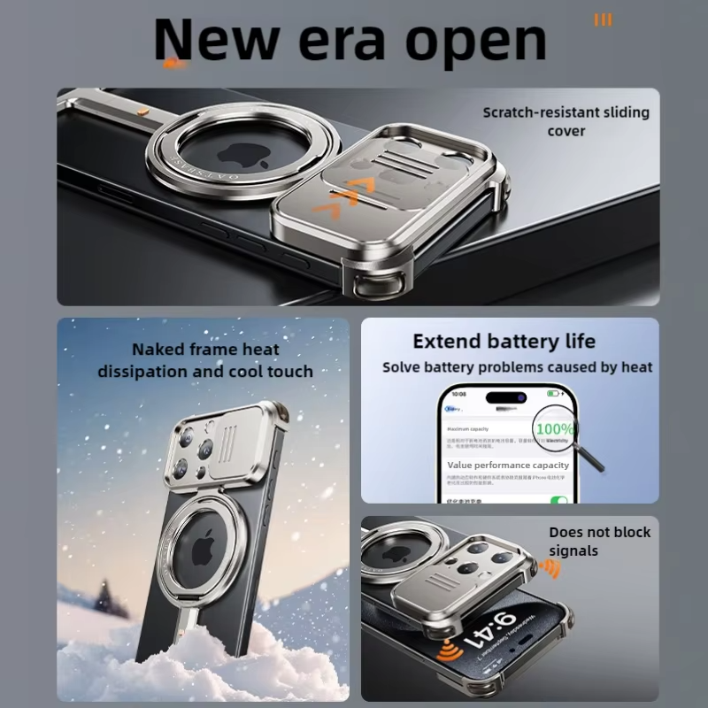 Luxury iPhone Metal Frameless Magnetic Case — Aluminum Alloy Cover with Ring Stand, Shockproof Camera Protection, Heavy Duty Matte Finish