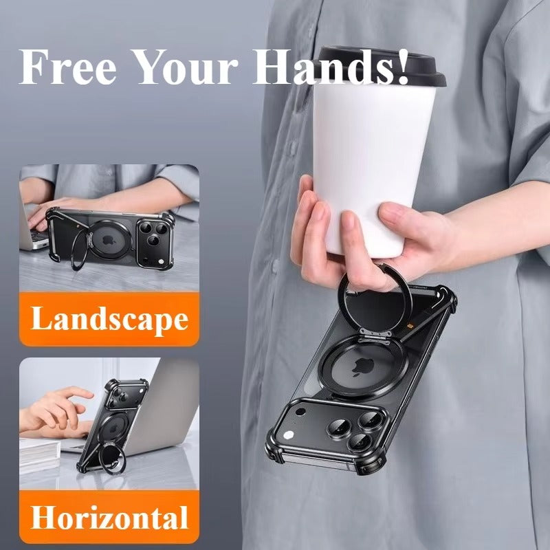 Luxury iPhone Metal Magnetic Case — Frameless Aluminum Alloy Cover with 360° Rotating Stand Ring, MagSafe Compatible Shockproof Protective Design