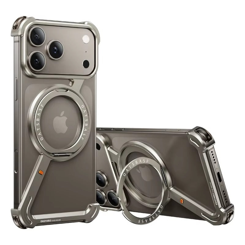 Luxury iPhone Metal Magnetic Case — Frameless Aluminum Alloy Cover with 360° Rotating Stand Ring, MagSafe Compatible Shockproof Protective Design