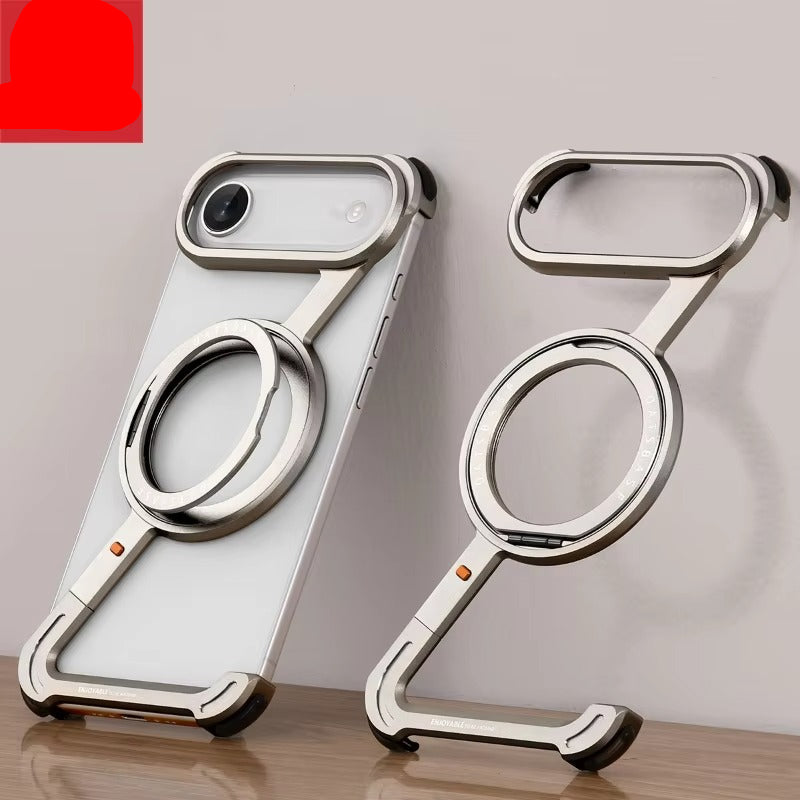 Luxury iPhone Metal Magnetic Case — Frameless Aluminum Alloy Cover with 360° Rotating Stand Ring, MagSafe Compatible Shockproof Protective Design