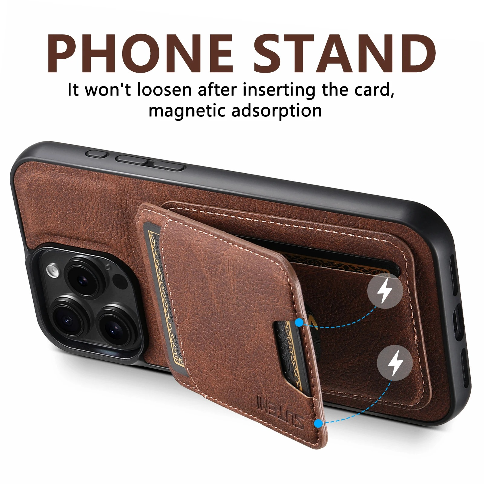 Luxury iPhone Case — PU Leather Wallet Cover with Card Holder, Magnetic Stand Design, Shockproof Protection and Stylish Non-Slip Pocket Finish