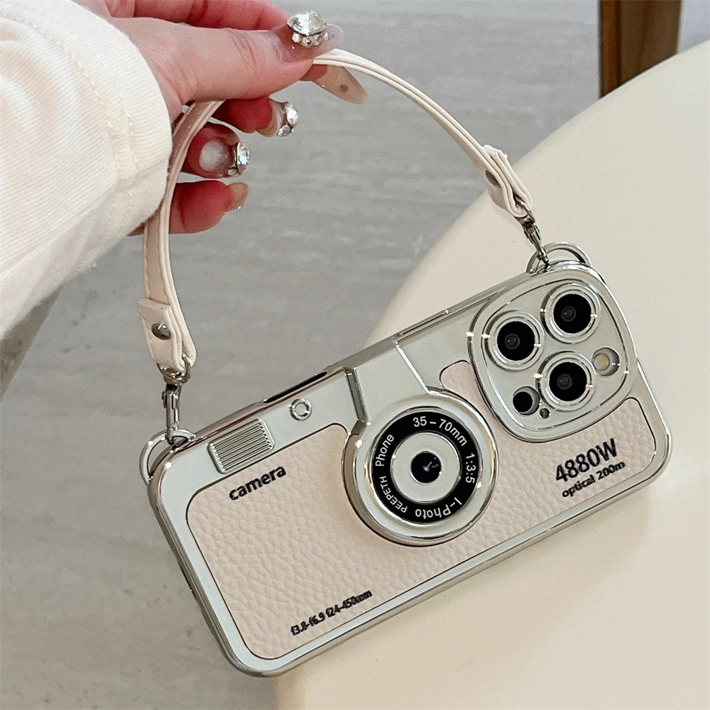 Luxury iPhone Retro Camera Case Emily in Paris Edition — PU Leather Sling Cover with Bracelet Strap, Stylish Pictorial Design, Shockproof Protective Finish
