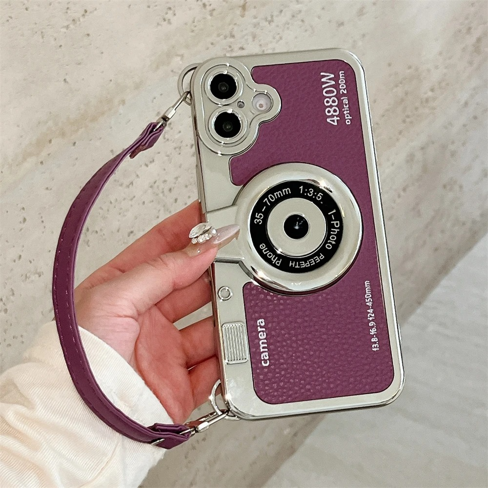 Luxury iPhone Retro Camera Case Emily in Paris Edition — PU Leather Sling Cover with Bracelet Strap, Stylish Pictorial Design, Shockproof Protective Finish