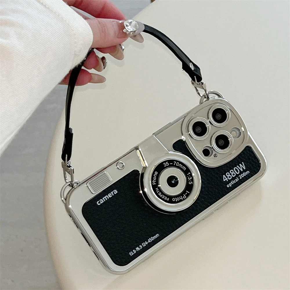 Luxury iPhone Retro Camera Case Emily in Paris Edition — PU Leather Sling Cover with Bracelet Strap, Stylish Pictorial Design, Shockproof Protective Finish