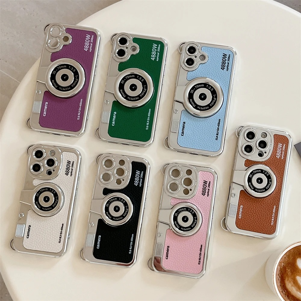 Luxury iPhone Retro Camera Case Emily in Paris Edition — PU Leather Sling Cover with Bracelet Strap, Stylish Pictorial Design, Shockproof Protective Finish