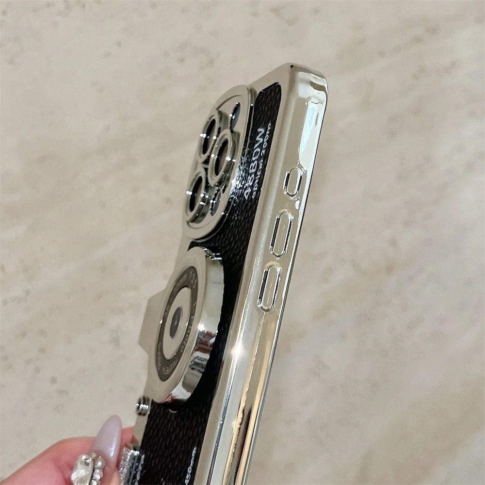 Luxury iPhone Retro Camera Case Emily in Paris Edition — PU Leather Sling Cover with Bracelet Strap, Stylish Pictorial Design, Shockproof Protective Finish