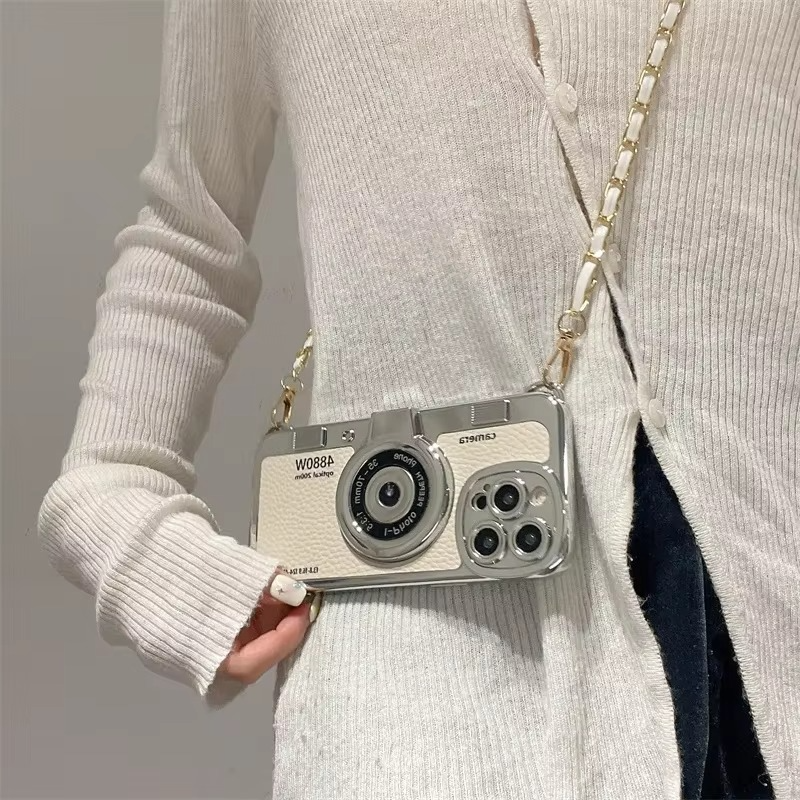 Luxury iPhone Retro Camera Case Emily in Paris Edition — PU Leather Sling Cover with Bracelet Strap, Stylish Pictorial Design, Shockproof Protective Finish