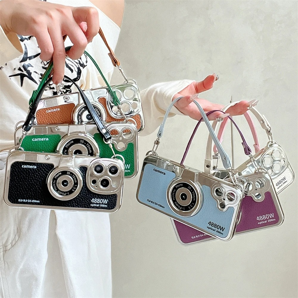 Luxury iPhone Retro Camera Case Emily in Paris Edition — PU Leather Sling Cover with Bracelet Strap, Stylish Pictorial Design, Shockproof Protective Finish