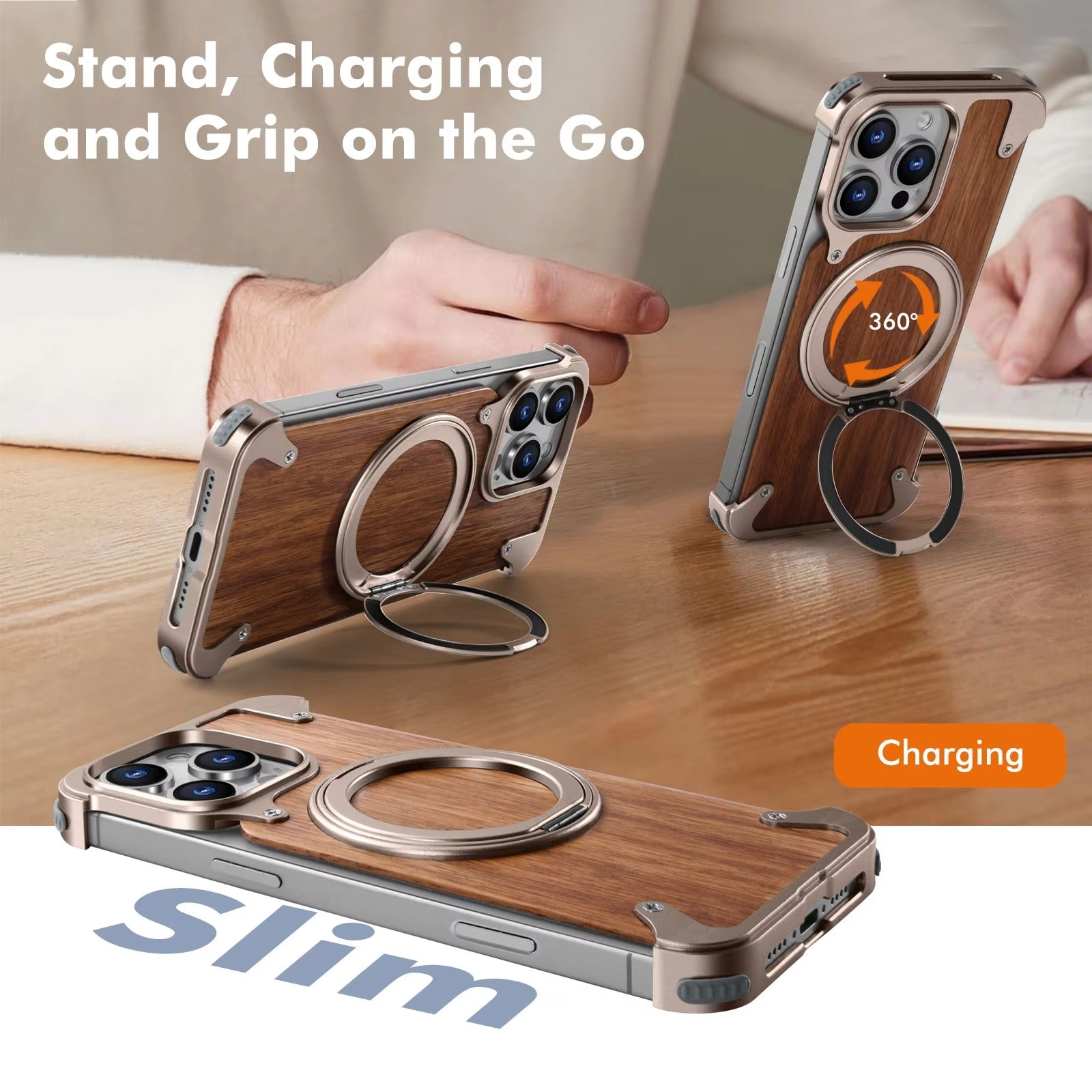 Luxury iPhone Solid Wood MagSafe Case — 360° Rotatable Stand Ring, Aluminum Alloy Bumper, Slim Shockproof Non-Slip Protective Cover