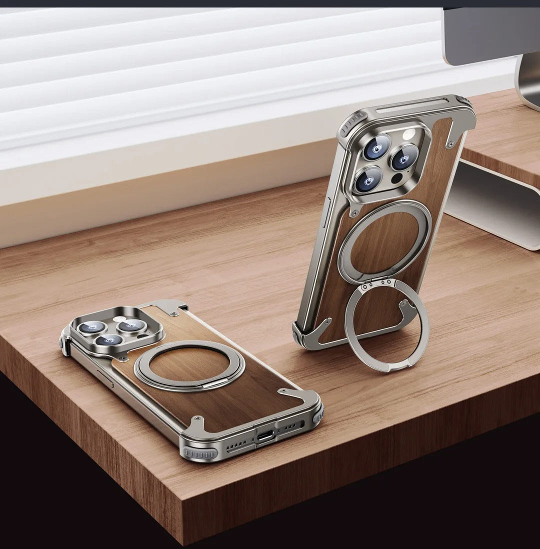 Luxury iPhone Solid Wood MagSafe Case — 360° Rotatable Stand Ring, Aluminum Alloy Bumper, Slim Shockproof Non-Slip Protective Cover