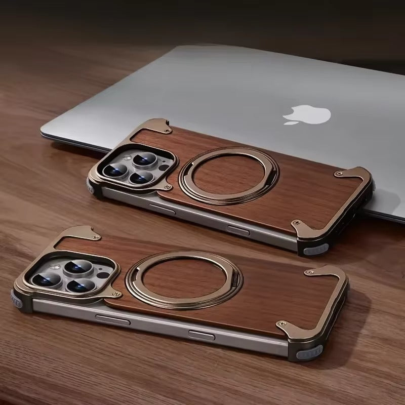 Luxury iPhone Solid Wood MagSafe Case — 360° Rotatable Stand Ring, Aluminum Alloy Bumper, Slim Shockproof Non-Slip Protective Cover