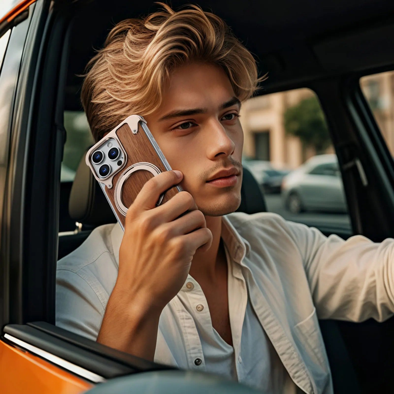 Luxury iPhone Solid Wood MagSafe Case — 360° Rotatable Stand Ring, Aluminum Alloy Bumper, Slim Shockproof Non-Slip Protective Cover