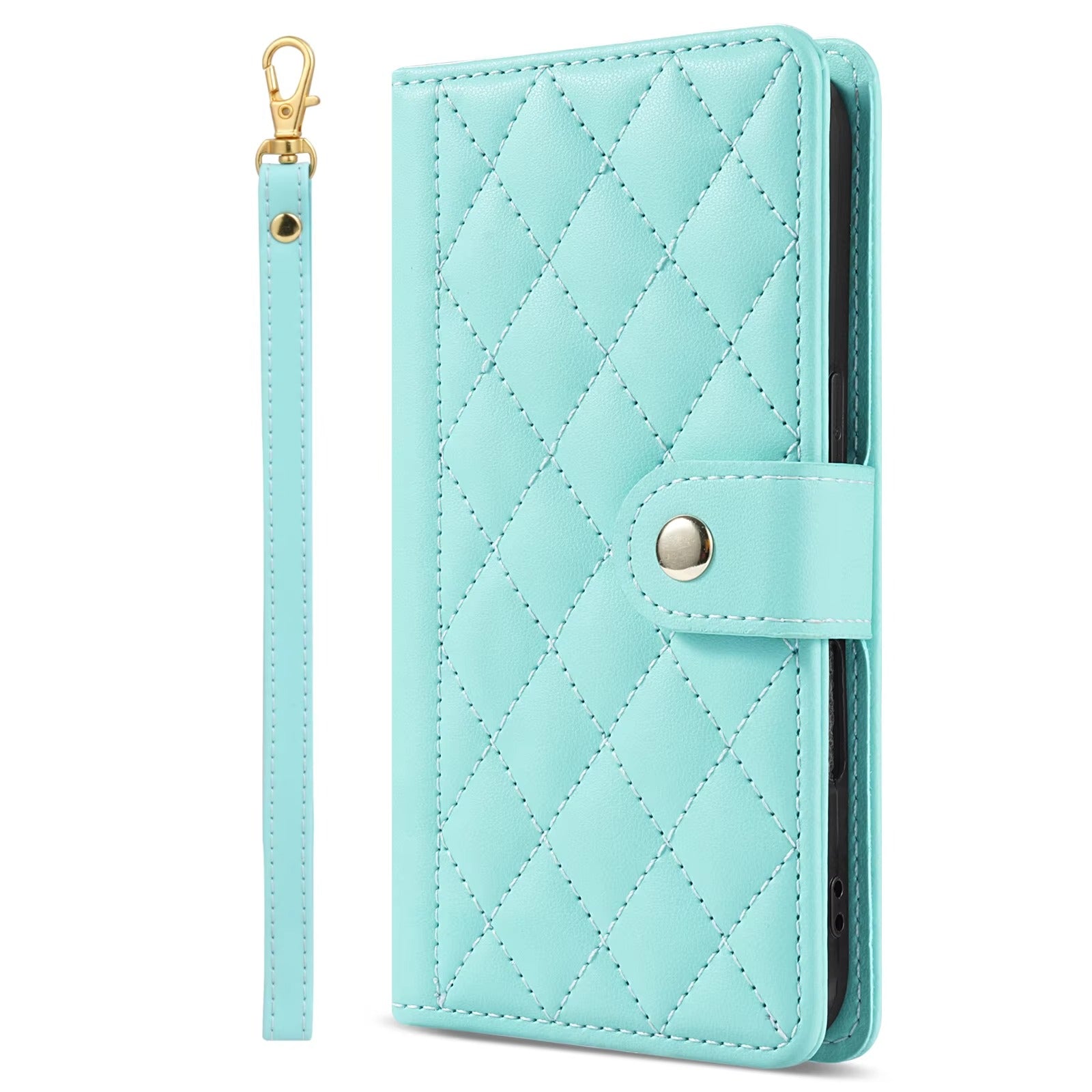 Luxury iPhone Wallet Case 3D Grid Leather Flip Cover — Card Holder Slots, Magnetic Closure, Wrist Strap, Kickstand Function, Shockproof Anti-Fingerprint Design
