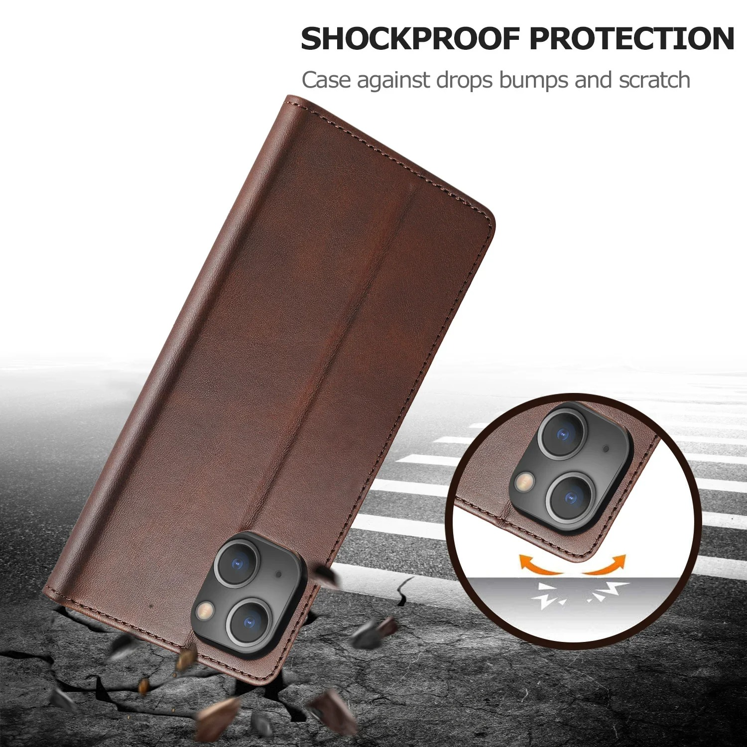 Luxury iPhone Case PU Leather Wallet Folding Cover — Card Holder Slot, Kickstand Function, Full Access to Ports, Shockproof Drop Protection