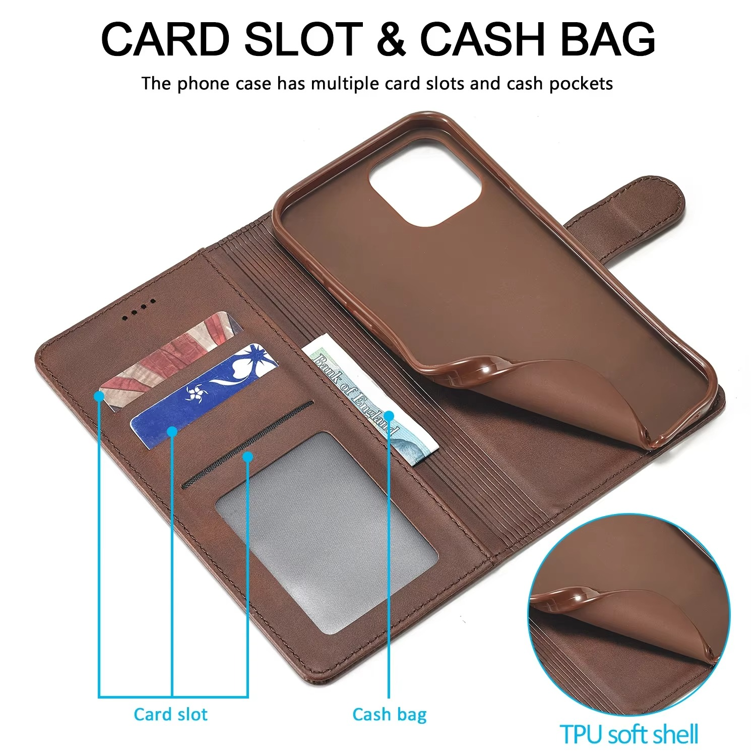Luxury iPhone Case PU Leather Wallet Folding Cover — Card Holder Slot, Kickstand Function, Full Access to Ports, Shockproof Drop Protection