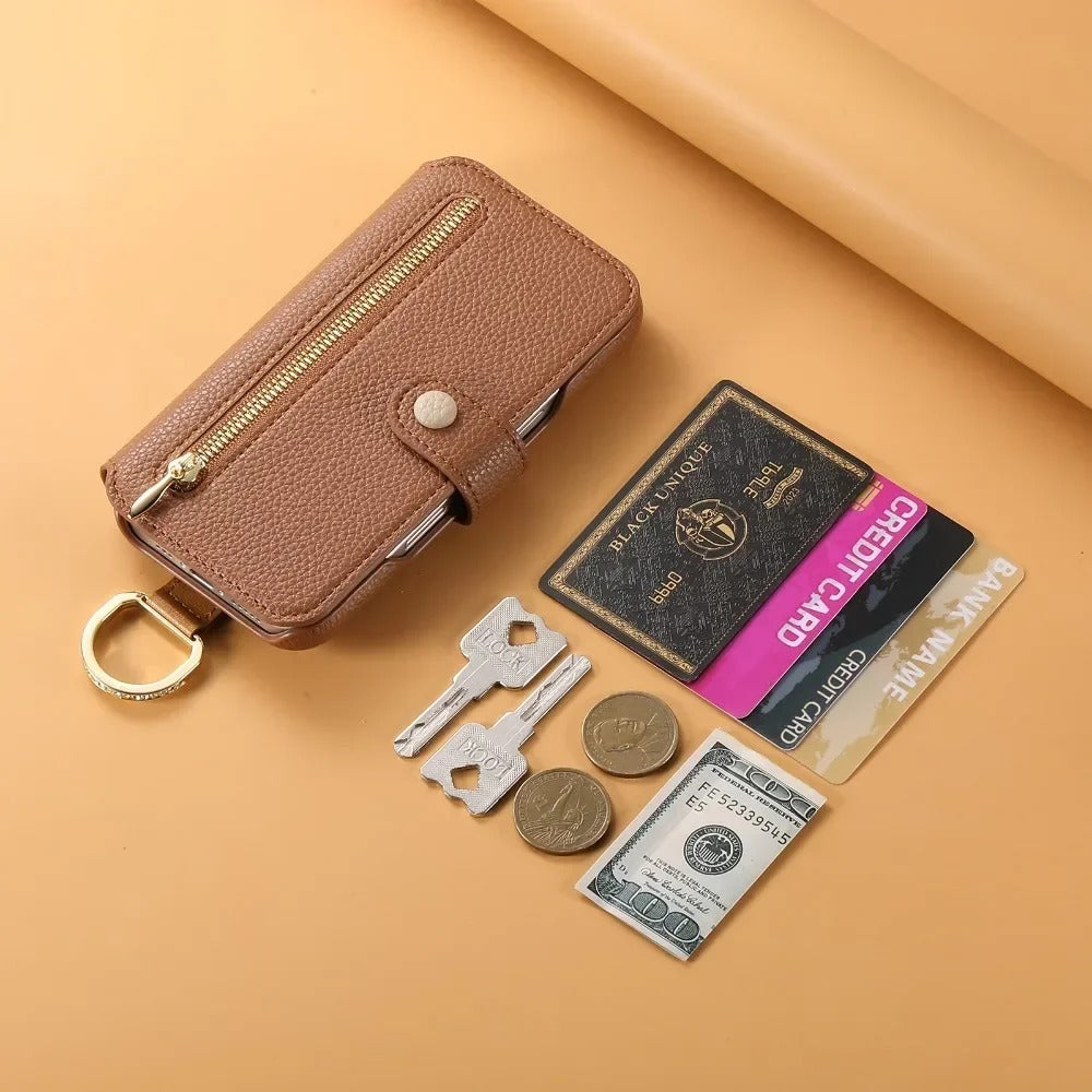 Luxury iPhone Wallet Case with Card Slot Holder — PU Leather Cover, Wrist Strap Ring, Kickstand Function, Shockproof Anti-Fingerprint Dustproof Protection