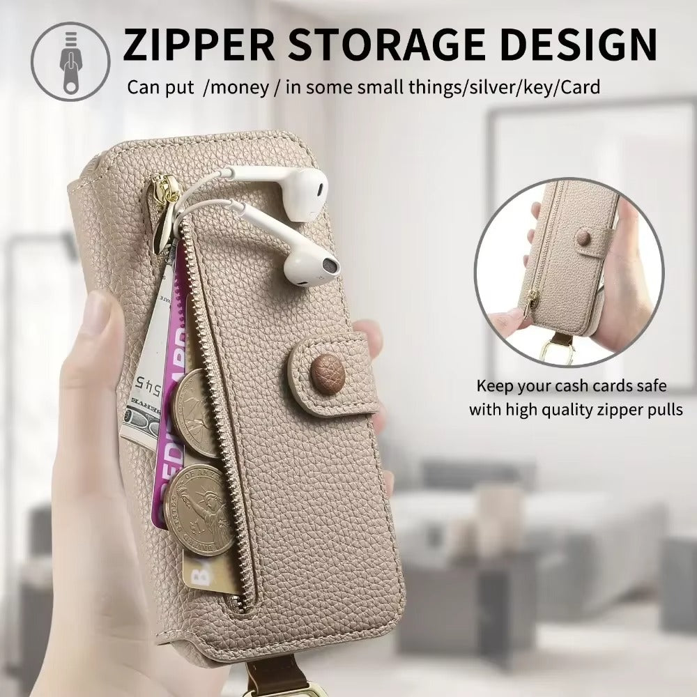 Luxury iPhone Wallet Case with Card Slot Holder — PU Leather Cover, Wrist Strap Ring, Kickstand Function, Shockproof Anti-Fingerprint Dustproof Protection