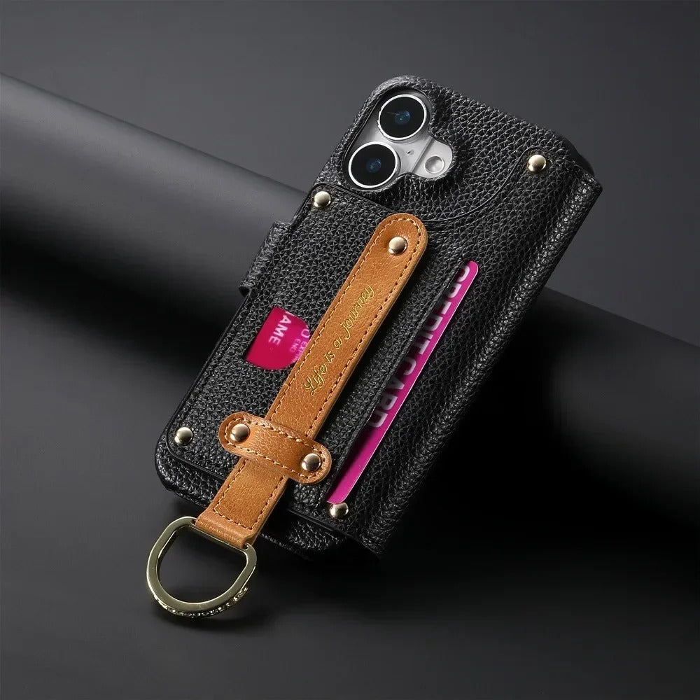 Luxury iPhone Wallet Case with Card Slot Holder — PU Leather Cover, Wrist Strap Ring, Kickstand Function, Shockproof Anti-Fingerprint Dustproof Protection