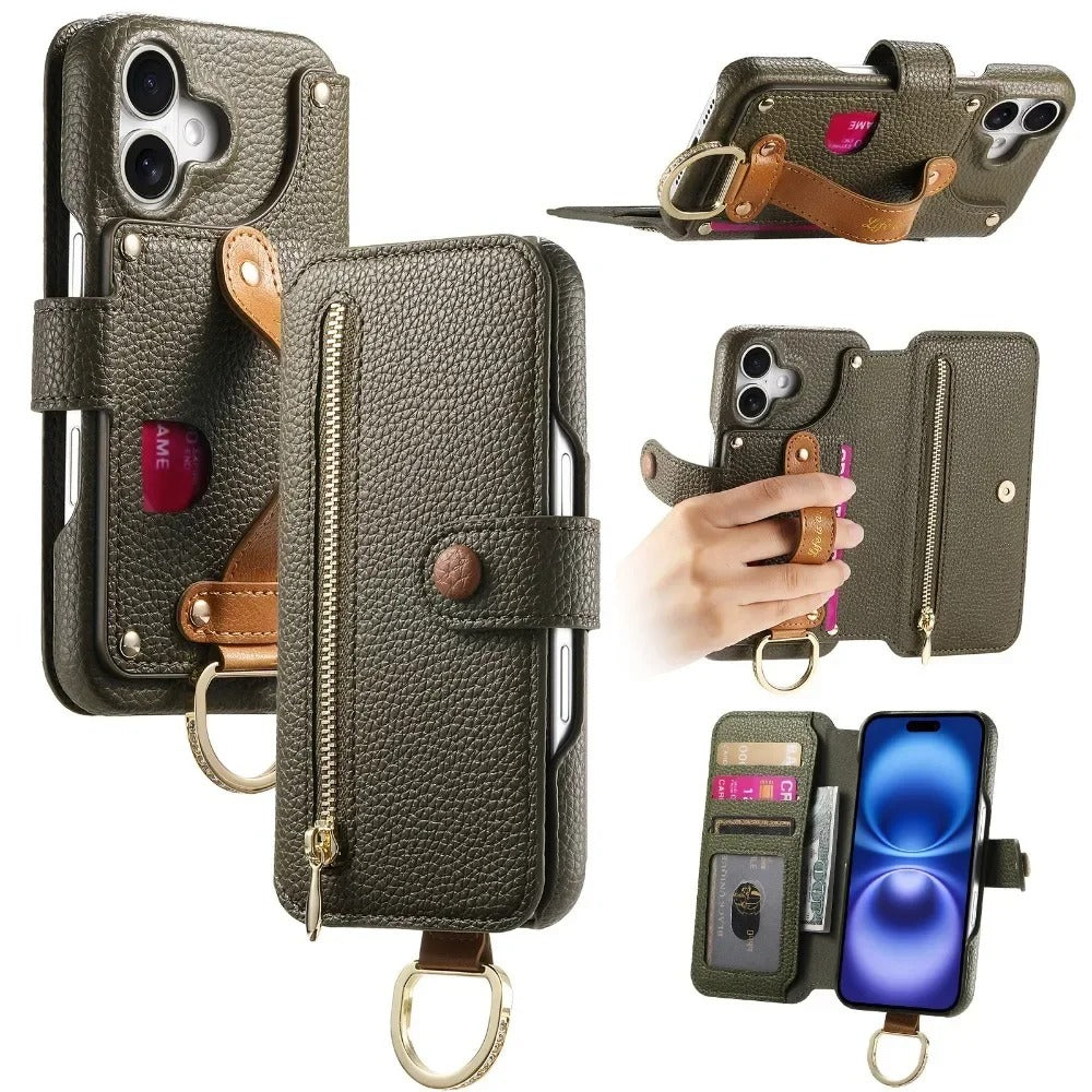 Luxury iPhone Wallet Case with Card Slot Holder — PU Leather Cover, Wrist Strap Ring, Kickstand Function, Shockproof Anti-Fingerprint Dustproof Protection