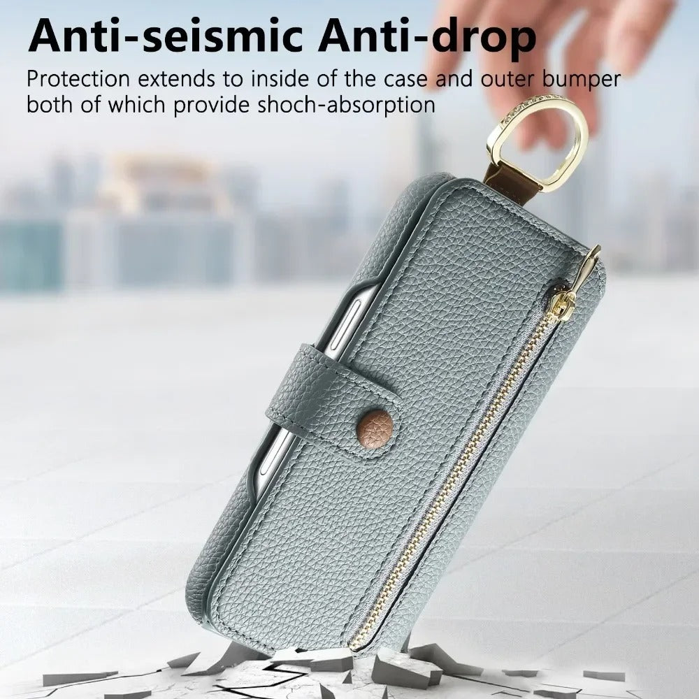 Luxury iPhone Wallet Case with Card Slot Holder — PU Leather Cover, Wrist Strap Ring, Kickstand Function, Shockproof Anti-Fingerprint Dustproof Protection