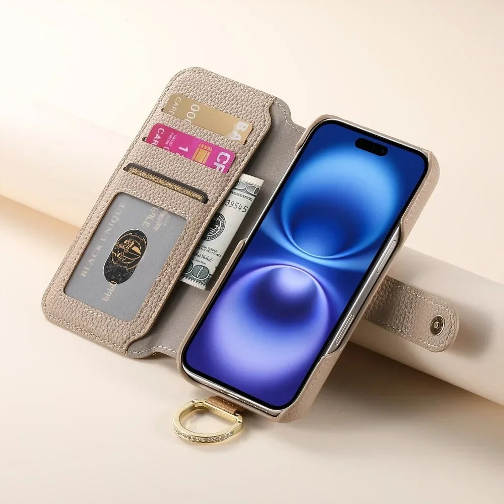 Luxury iPhone Wallet Case with Card Slot Holder — PU Leather Cover, Wrist Strap Ring, Kickstand Function, Shockproof Anti-Fingerprint Dustproof Protection