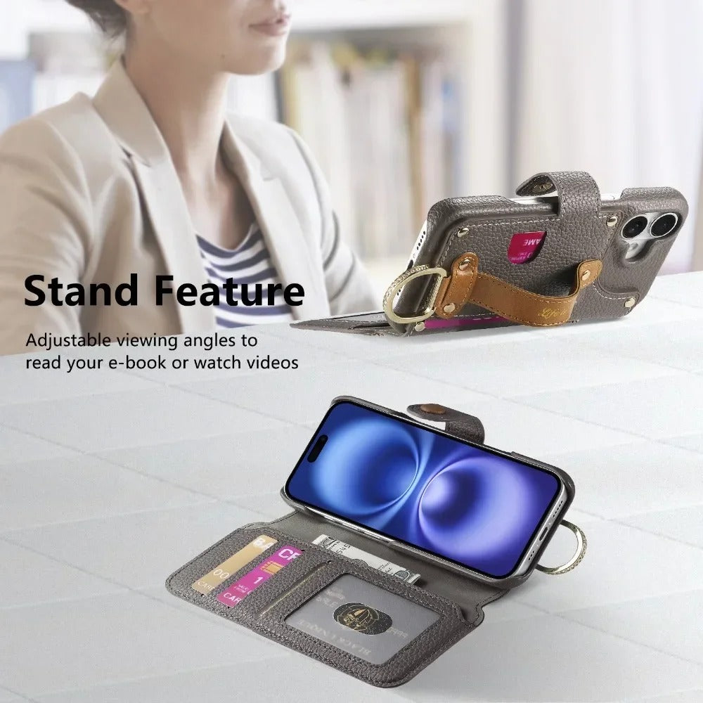 Luxury iPhone Wallet Case with Card Slot Holder — PU Leather Cover, Wrist Strap Ring, Kickstand Function, Shockproof Anti-Fingerprint Dustproof Protection