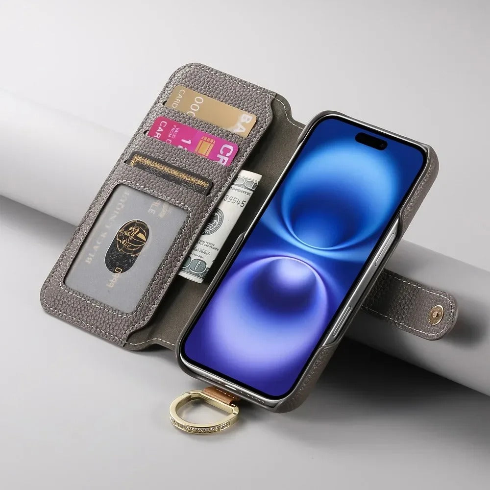 Luxury iPhone Wallet Case with Card Slot Holder — PU Leather Cover, Wrist Strap Ring, Kickstand Function, Shockproof Anti-Fingerprint Dustproof Protection