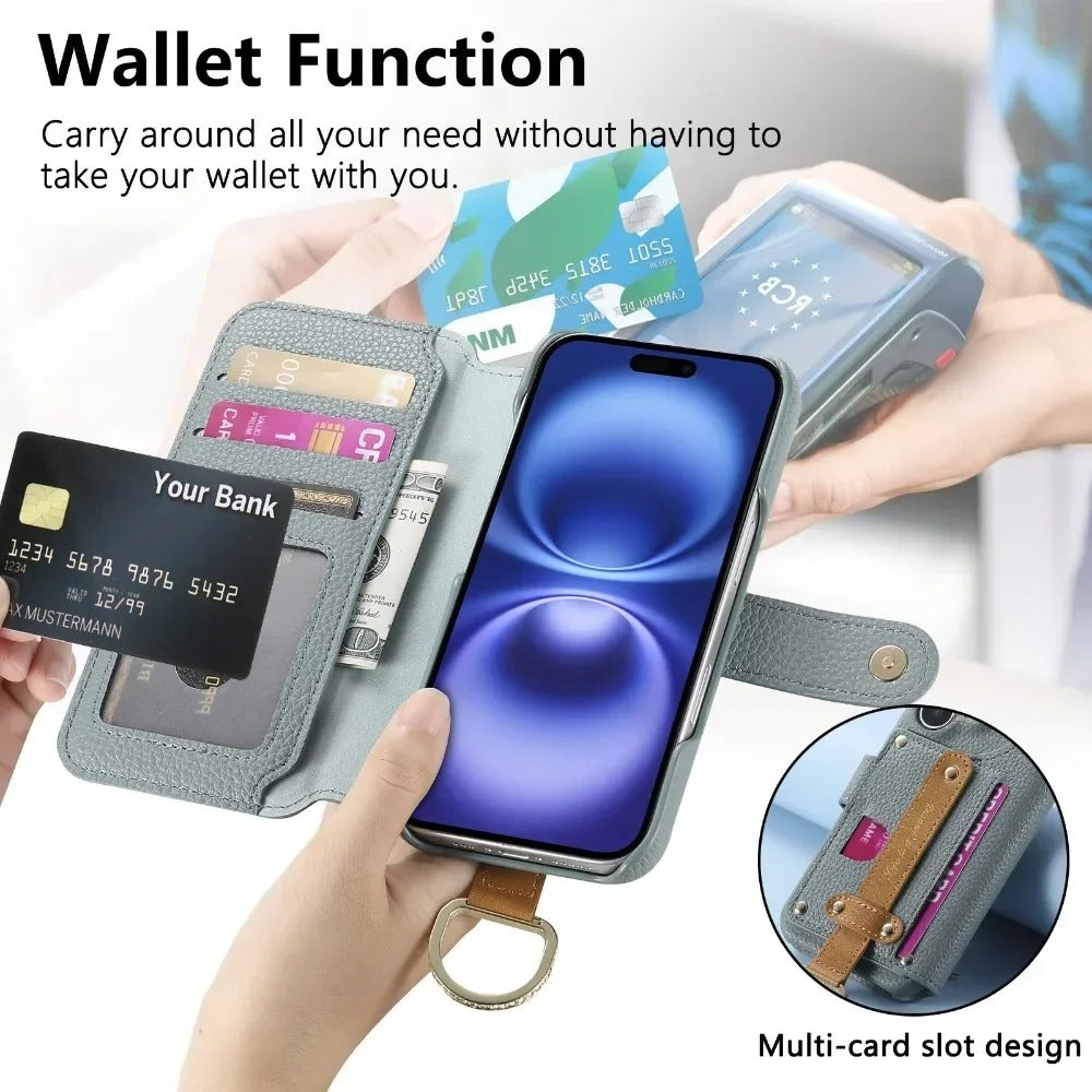 Luxury iPhone Wallet Case with Card Slot Holder — PU Leather Cover, Wrist Strap Ring, Kickstand Function, Shockproof Anti-Fingerprint Dustproof Protection