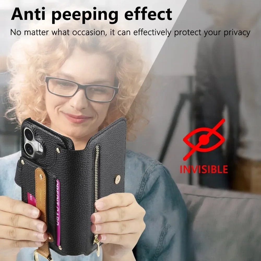 Luxury iPhone Wallet Case with Card Slot Holder — PU Leather Cover, Wrist Strap Ring, Kickstand Function, Shockproof Anti-Fingerprint Dustproof Protection