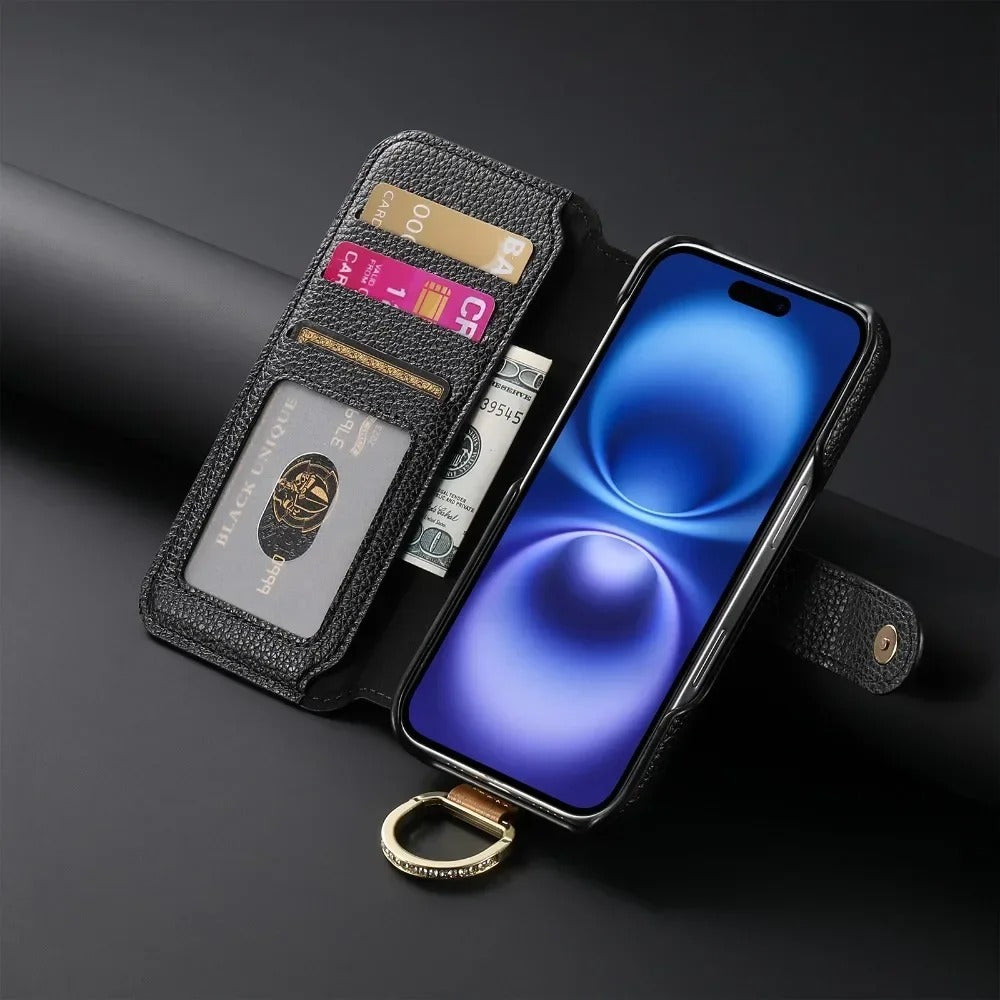 Luxury iPhone Wallet Case with Card Slot Holder — PU Leather Cover, Wrist Strap Ring, Kickstand Function, Shockproof Anti-Fingerprint Dustproof Protection