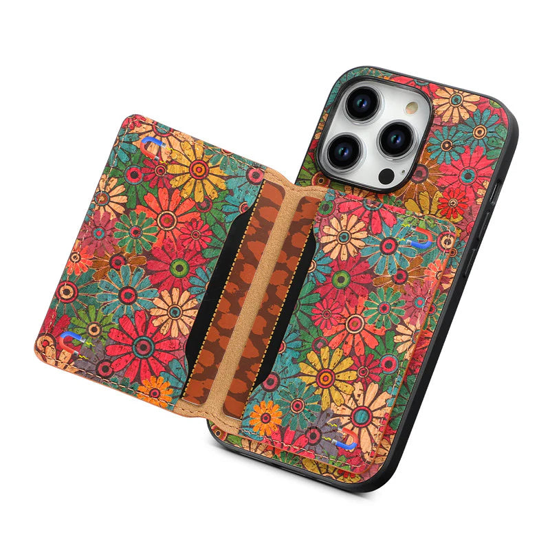 Luxury iPhone Wallet Case with Card Slots — Floral Pattern PU Leather Cover, Kickstand Function, Shockproof Non-Slip Design, Stylish Full Body Protection