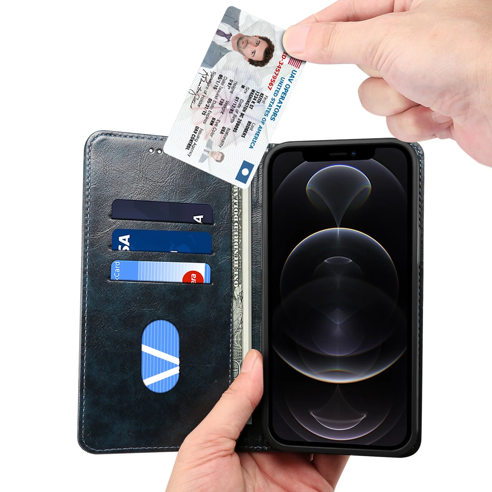 Luxury iPhone Wallet Flip Case Genuine Leather — Magnetic Book-Style Cover with Card Slots, Kickstand Function, Water-Resistant Full Body Protection