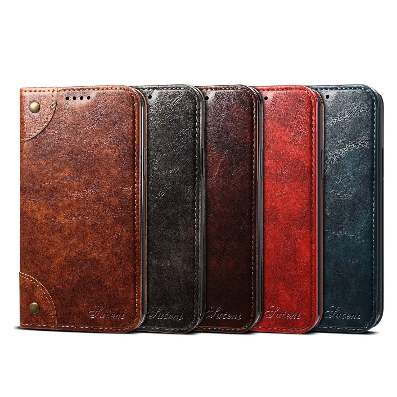 Luxury iPhone Wallet Flip Case Genuine Leather — Magnetic Book-Style Cover with Card Slots, Kickstand Function, Water-Resistant Full Body Protection