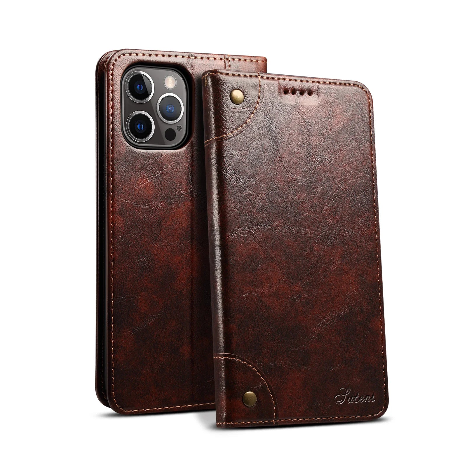 Luxury iPhone Wallet Flip Case Genuine Leather — Magnetic Book-Style Cover with Card Slots, Kickstand Function, Water-Resistant Full Body Protection
