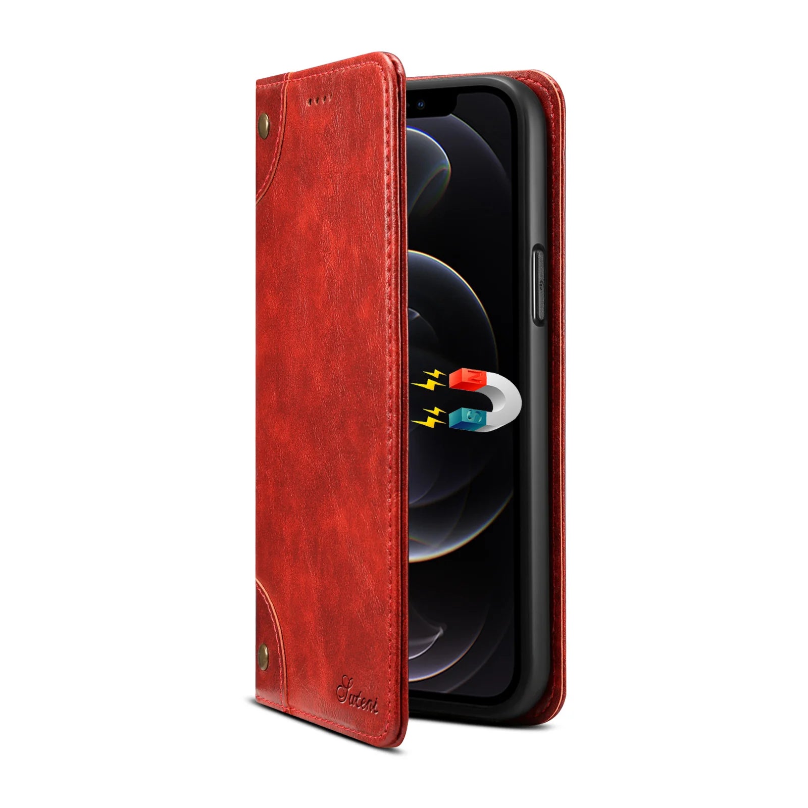 Luxury iPhone Wallet Flip Case Genuine Leather — Magnetic Book-Style Cover with Card Slots, Kickstand Function, Water-Resistant Full Body Protection