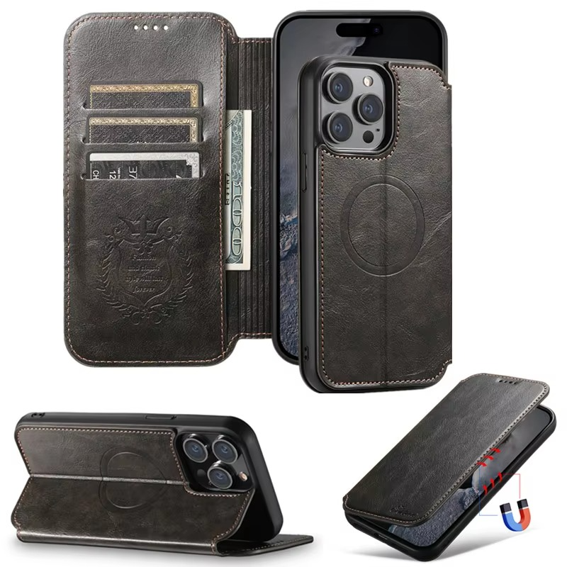 Luxury iPhone Wallet Flip Leather Case — Anti-Theft RFID Blocking Cover, Magnetic Wireless Charging Compatible, Book-Style Design with Kickstand Function