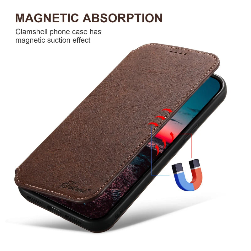 Luxury iPhone Wallet Flip Leather Case — Anti-Theft RFID Blocking Cover, Magnetic Wireless Charging Compatible, Book-Style Design with Kickstand Function